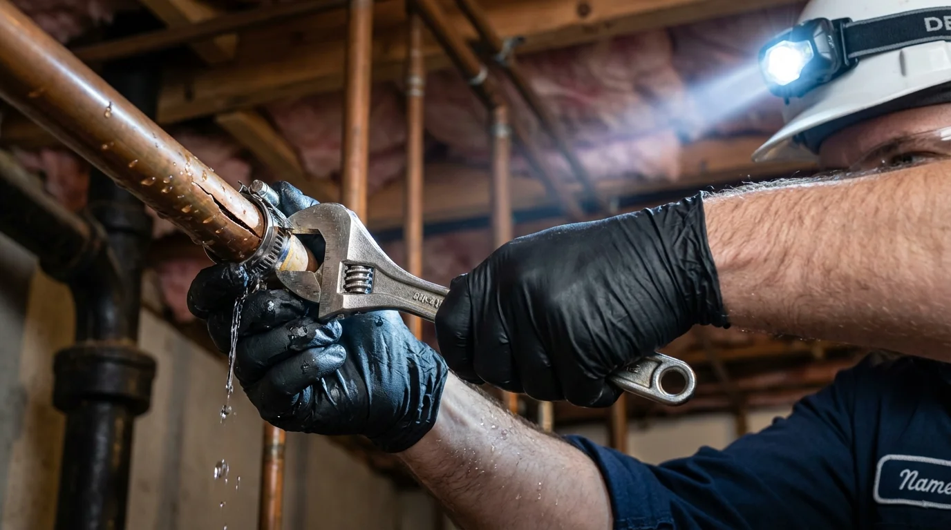 Emergency pipe clamp repair being performed by a Johns Plumbing LLC plumber in Carrabelle