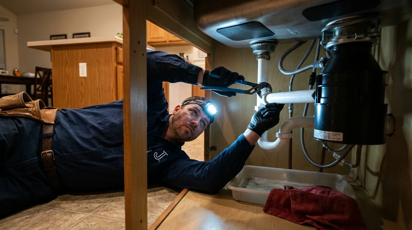 P-trap and supply line connections under a kitchen sink showing a common leak point in Carrabelle, FL